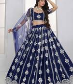 Charming Navy Blue Thread Embroidery Net Wedding Wear Lehenga Choli