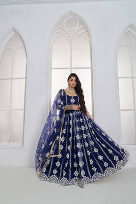 Charming Navy Blue Thread Embroidery Net Wedding Wear Lehenga Choli 3