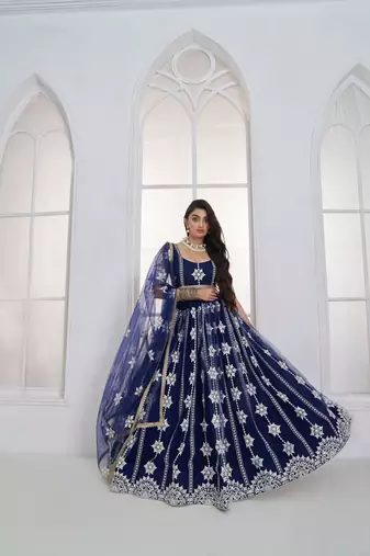 Charming Navy Blue Thread Embroidery Net Wedding Wear Lehenga Choli