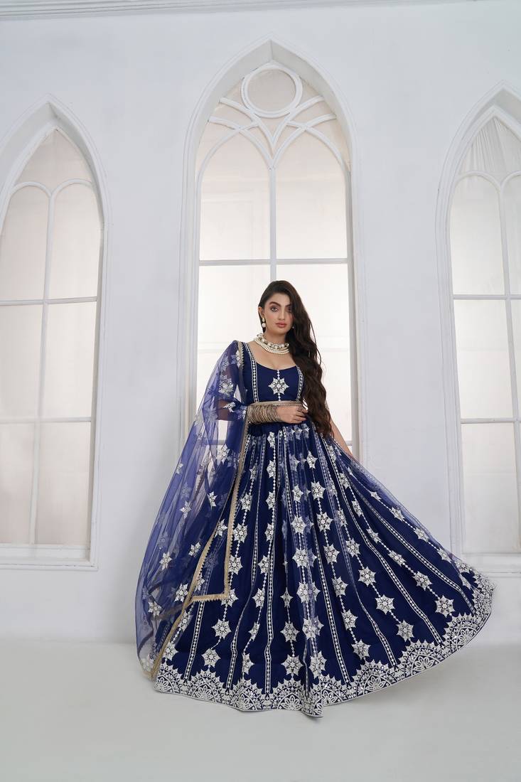 Charming Navy Blue Thread Embroidery Net Wedding Wear Lehenga Choli
