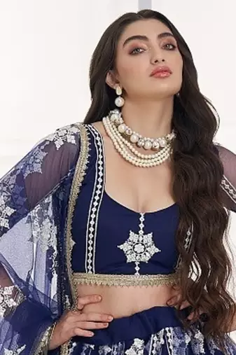 Charming Navy Blue Thread Embroidery Net Wedding Wear Lehenga Choli