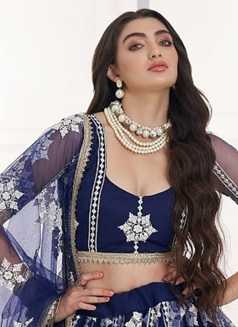 Charming Navy Blue Thread Embroidery Net Wedding Wear Lehenga Choli