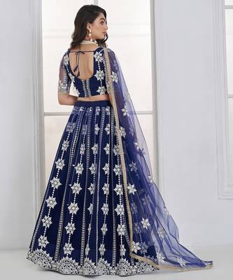 Charming Navy Blue Thread Embroidery Net Wedding Wear Lehenga Choli 5