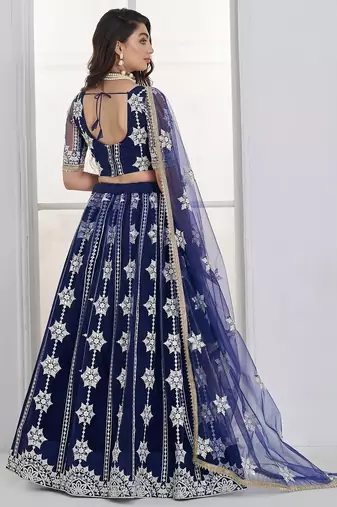 Charming Navy Blue Thread Embroidery Net Wedding Wear Lehenga Choli