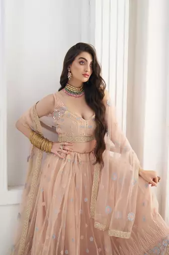 Peach Floral Embroidered Net Wear Lehenga Choli