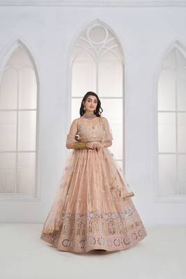 Peach Floral Embroidered Net Wear Lehenga Choli 1