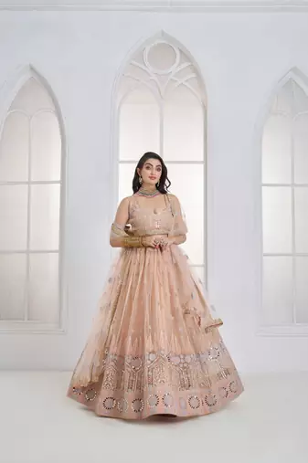 Peach Floral Embroidered Net Wear Lehenga Choli