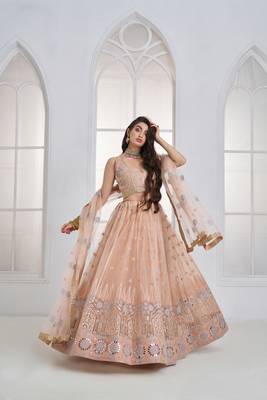 Peach Floral Embroidered Net Wear Lehenga Choli 3