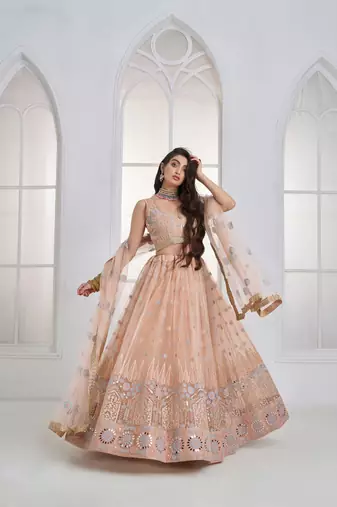 Peach Floral Embroidered Net Wear Lehenga Choli