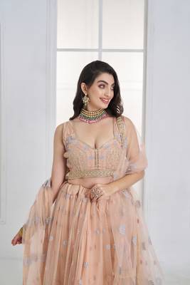 Peach Floral Embroidered Net Wear Lehenga Choli 4