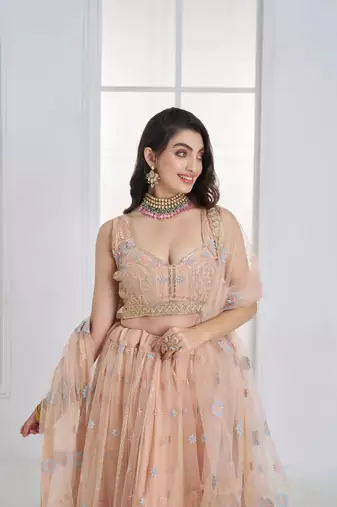 Peach Floral Embroidered Net Wear Lehenga Choli