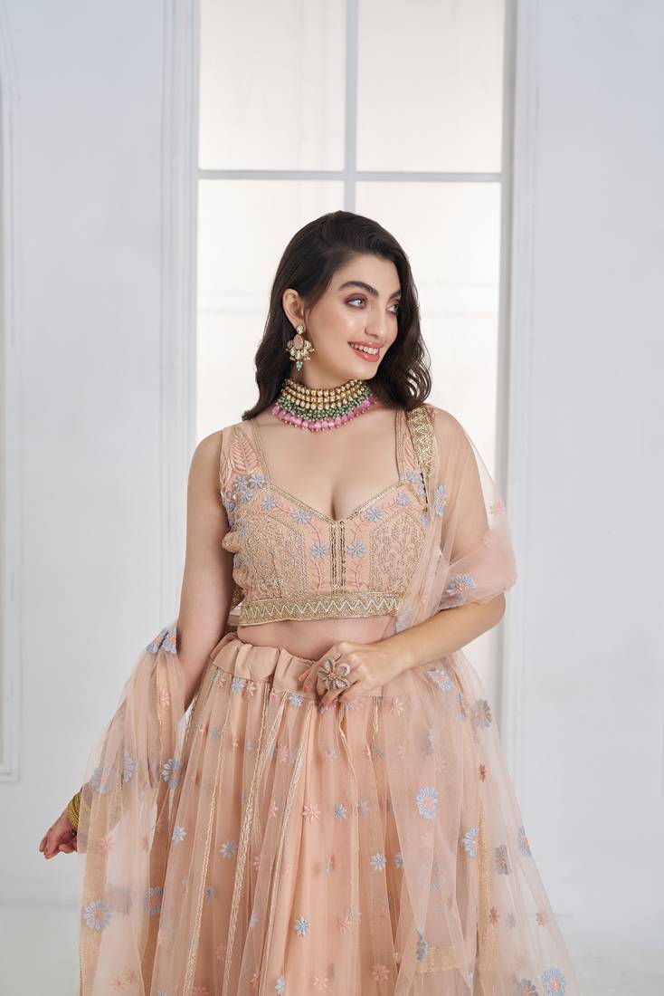 Peach Floral Embroidered Net Wear Lehenga Choli