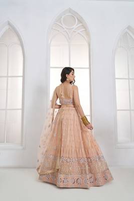 Peach Floral Embroidered Net Wear Lehenga Choli 5