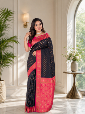 black color contrast weaving border with allover weaving and rich weaved pallu silk blend saree 1