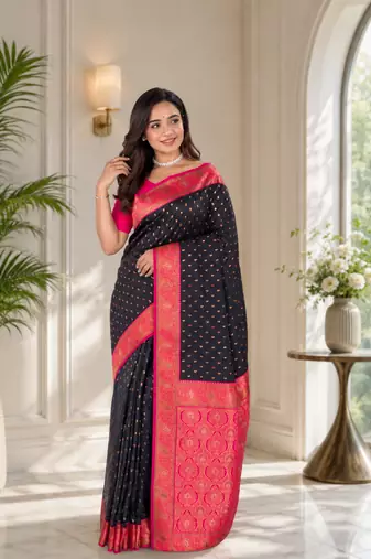 black color contrast weaving border with allover weaving and rich weaved pallu silk blend saree