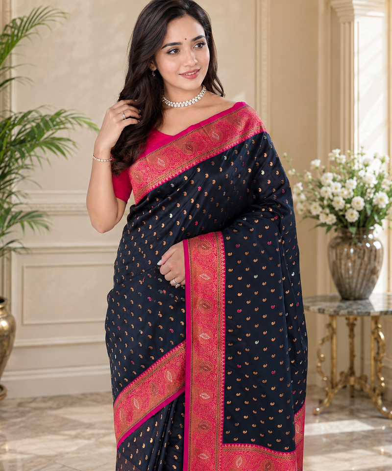 black color contrast weaving border with allover weaving and rich weaved pallu silk blend saree