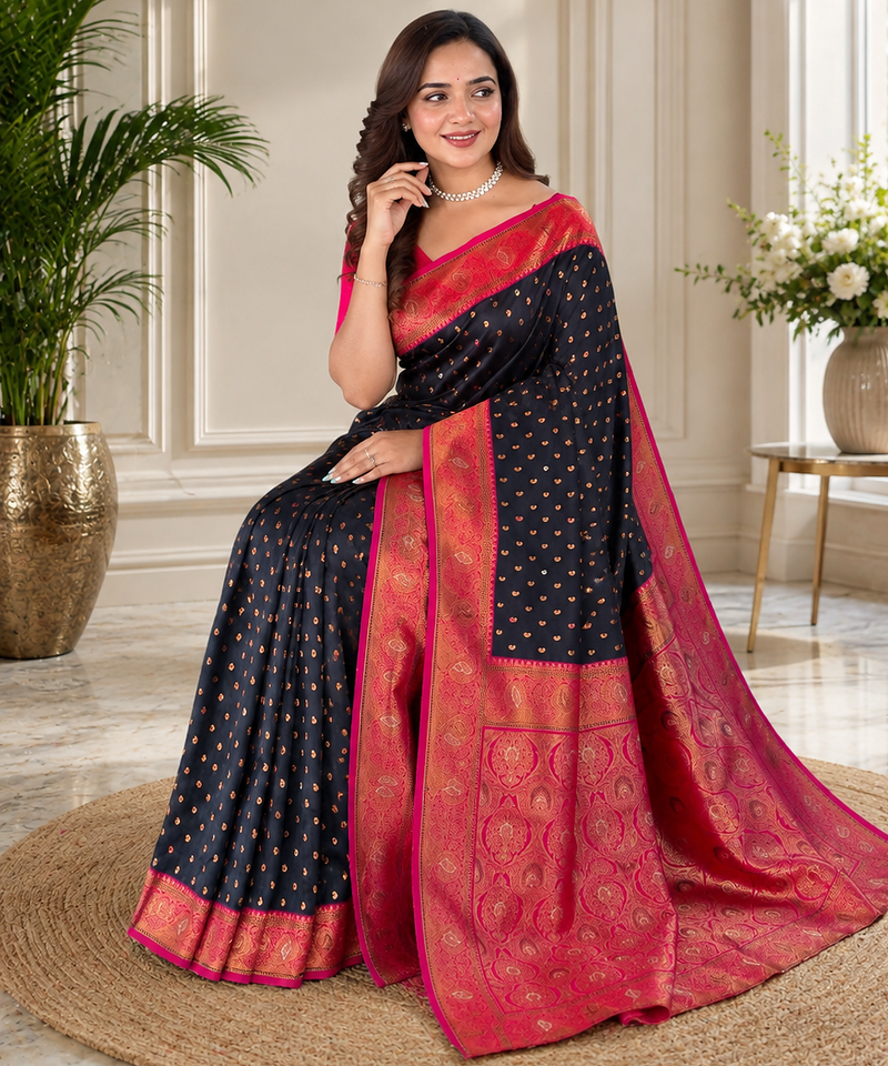 black color contrast weaving border with allover weaving and rich weaved pallu silk blend saree