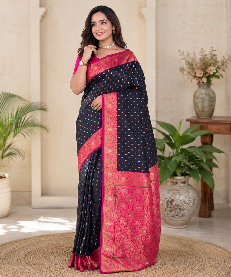 black color contrast weaving border with allover weaving and rich weaved pallu silk blend saree