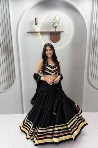Black EmbroideryGamthi and sequin mirror lace Work Cotton Lehenga Choli Set