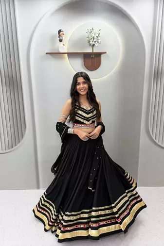 Black EmbroideryGamthi and sequin mirror lace Work Cotton Lehenga Choli Set