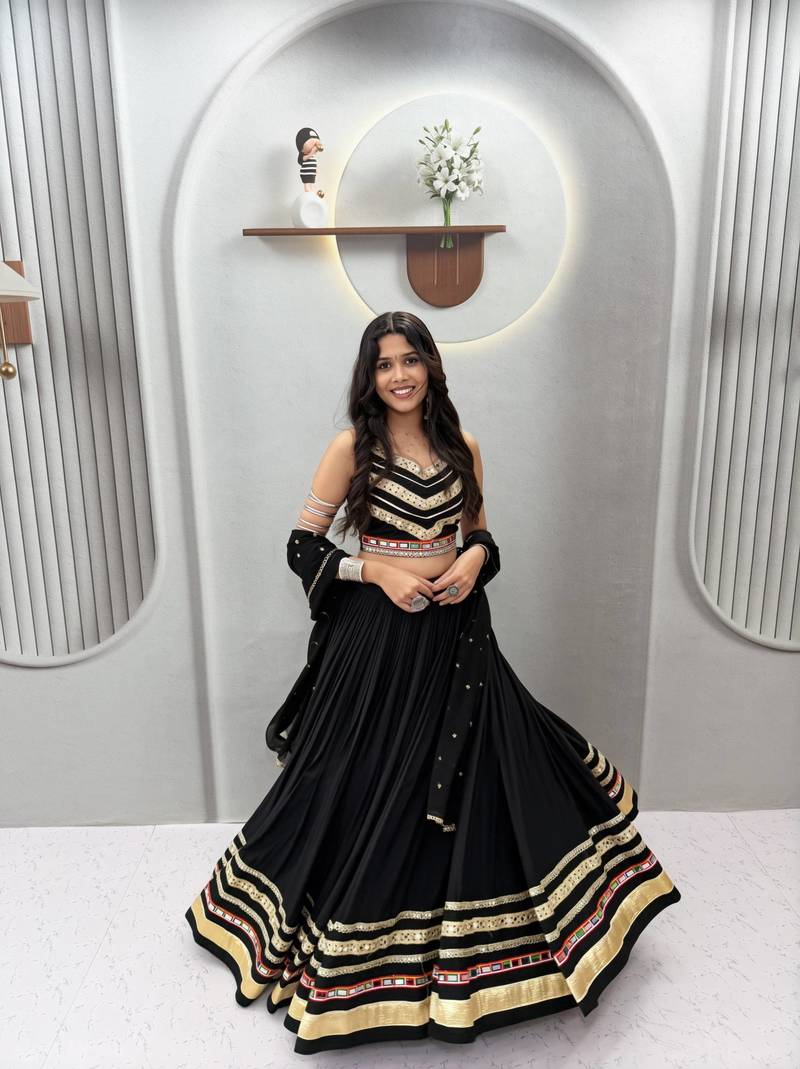 Black EmbroideryGamthi and sequin mirror lace Work Cotton Lehenga Choli Set