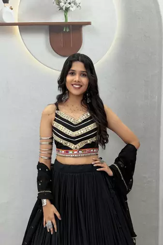 Black EmbroideryGamthi and sequin mirror lace Work Cotton Lehenga Choli Set