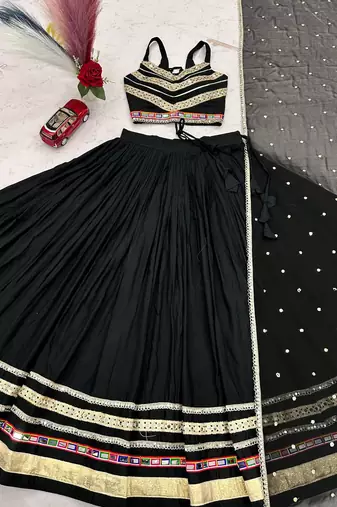 Black EmbroideryGamthi and sequin mirror lace Work Cotton Lehenga Choli Set