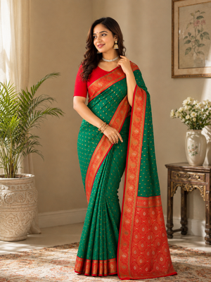 emerald green color contrast weaving border with allover weaving and rich weaved pallu silk blend saree 1