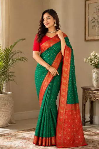 emerald green color contrast weaving border with allover weaving and rich weaved pallu silk blend saree