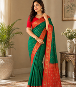 emerald green color contrast weaving border with allover weaving and rich weaved pallu silk blend saree