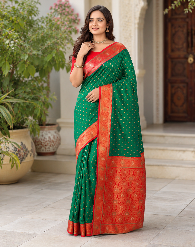 emerald green color contrast weaving border with allover weaving and rich weaved pallu silk blend saree