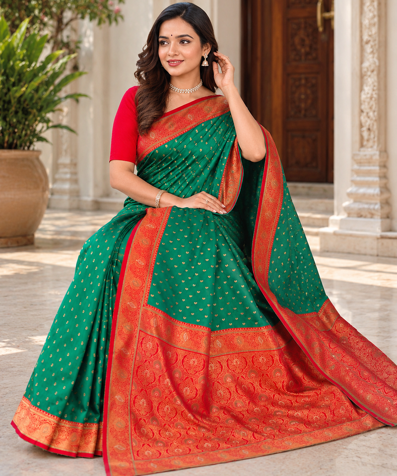 emerald green color contrast weaving border with allover weaving and rich weaved pallu silk blend saree