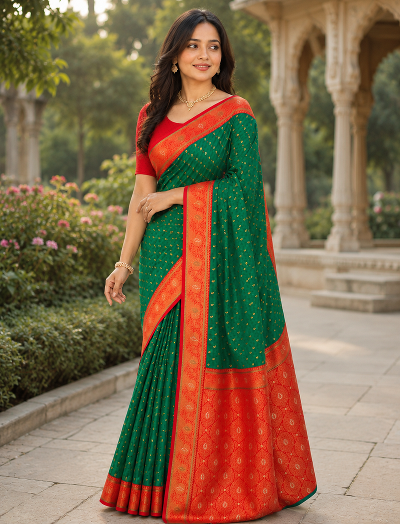 emerald green color contrast weaving border with allover weaving and rich weaved pallu silk blend saree