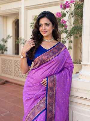 lavender color contrast weaving border with allover weaving and rich weaved pallu silk blend saree 1
