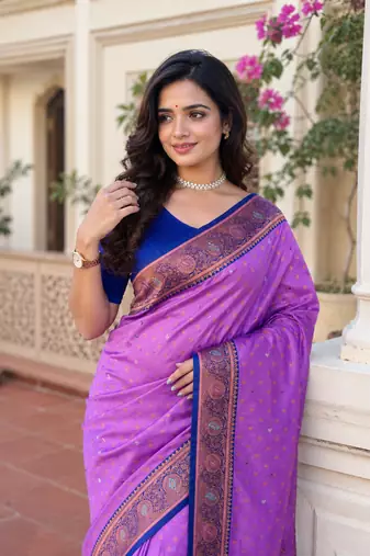 lavender color contrast weaving border with allover weaving and rich weaved pallu silk blend saree