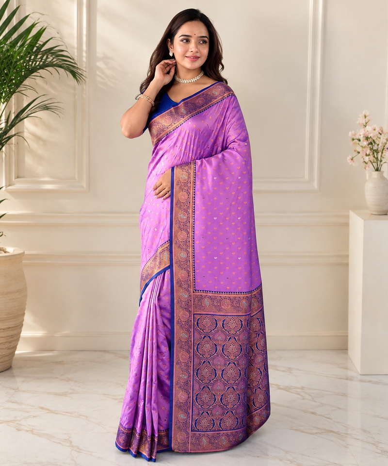 lavender color contrast weaving border with allover weaving and rich weaved pallu silk blend saree
