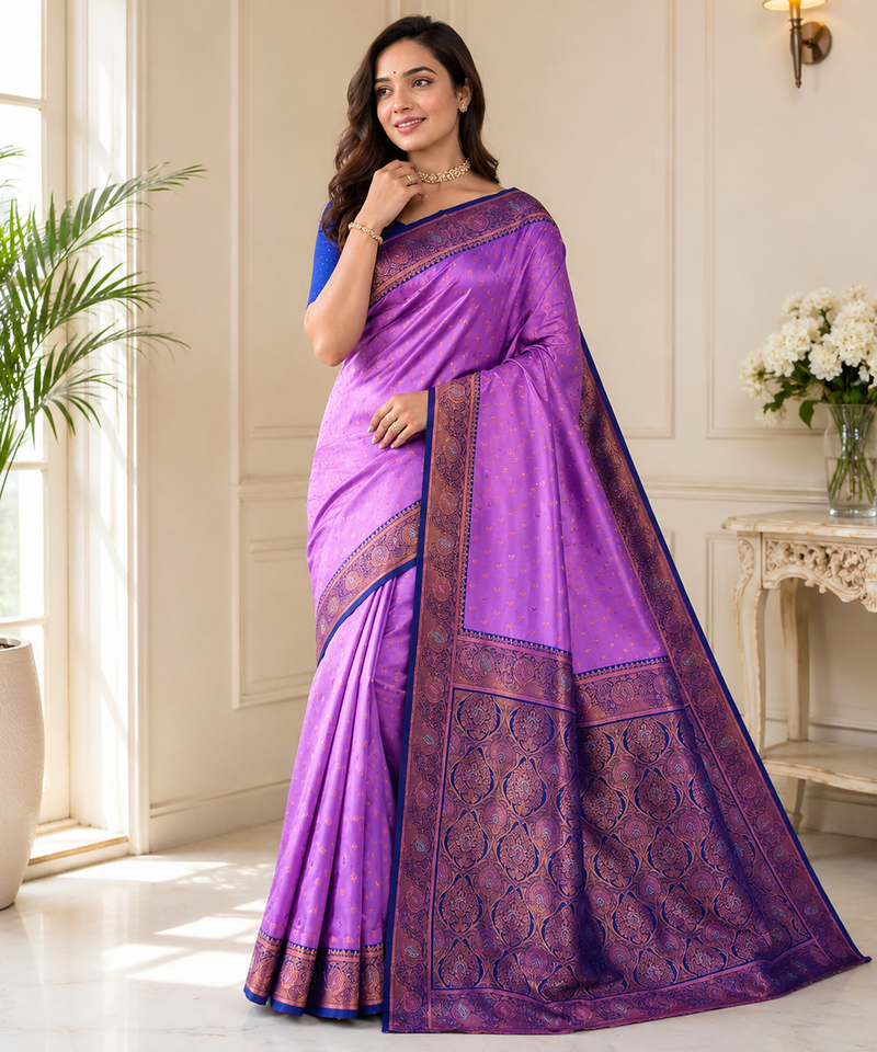 lavender color contrast weaving border with allover weaving and rich weaved pallu silk blend saree