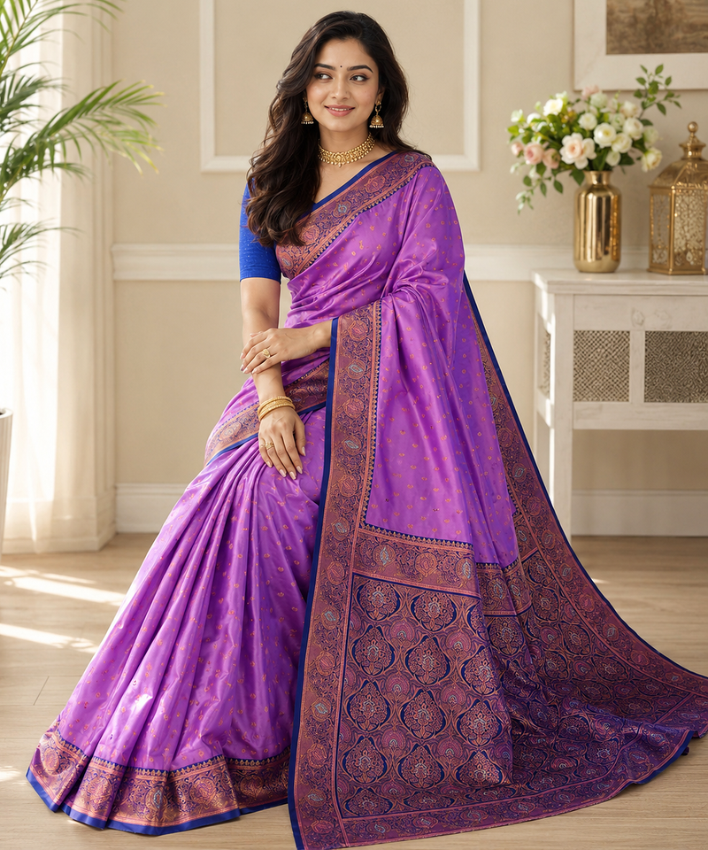 lavender color contrast weaving border with allover weaving and rich weaved pallu silk blend saree