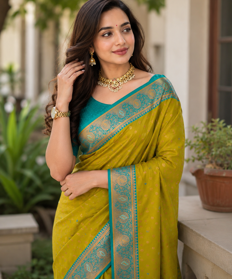 mustard yellow color contrast weaving border with allover weaving and rich weaved pallu silk blend saree