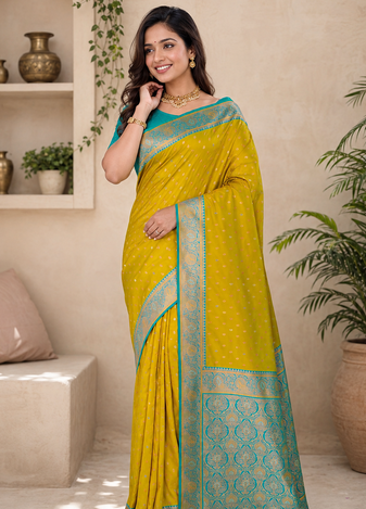 mustard yellow color contrast weaving border with allover weaving and rich weaved pallu silk blend saree