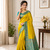 mustard yellow color contrast weaving border with allover weaving and rich weaved pallu silk blend saree