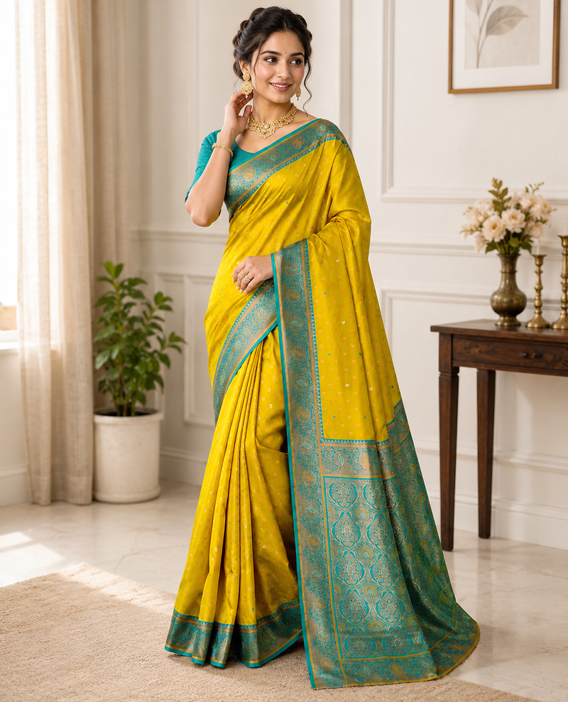mustard yellow color contrast weaving border with allover weaving and rich weaved pallu silk blend saree