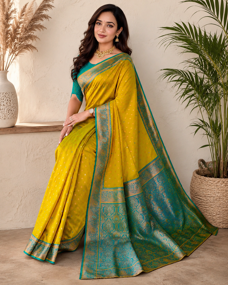 mustard yellow color contrast weaving border with allover weaving and rich weaved pallu silk blend saree