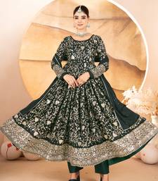 Designer green star georgette thread & sequins embroidered anarkali suit with pants & dupatta