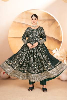 Designer green star georgette thread & sequins embroidered anarkali suit with pants & dupatta 2