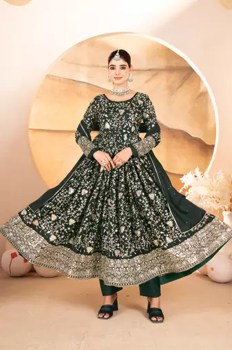Designer green star georgette thread & sequins embroidered anarkali suit with pants & dupatta