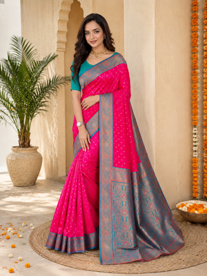 rani pink color contrast weaving border with allover weaving and rich weaved pallu silk blend saree 1
