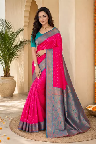 rani pink color contrast weaving border with allover weaving and rich weaved pallu silk blend saree