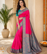 rani pink color contrast weaving border with allover weaving and rich weaved pallu silk blend saree