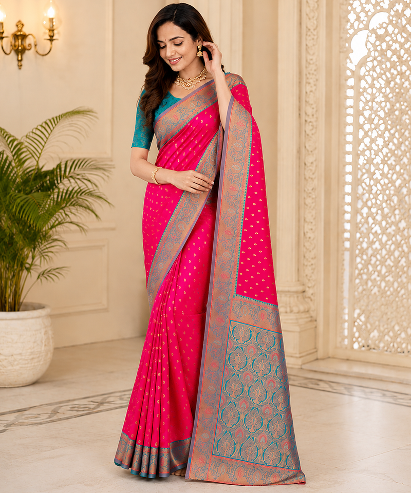 rani pink color contrast weaving border with allover weaving and rich weaved pallu silk blend saree